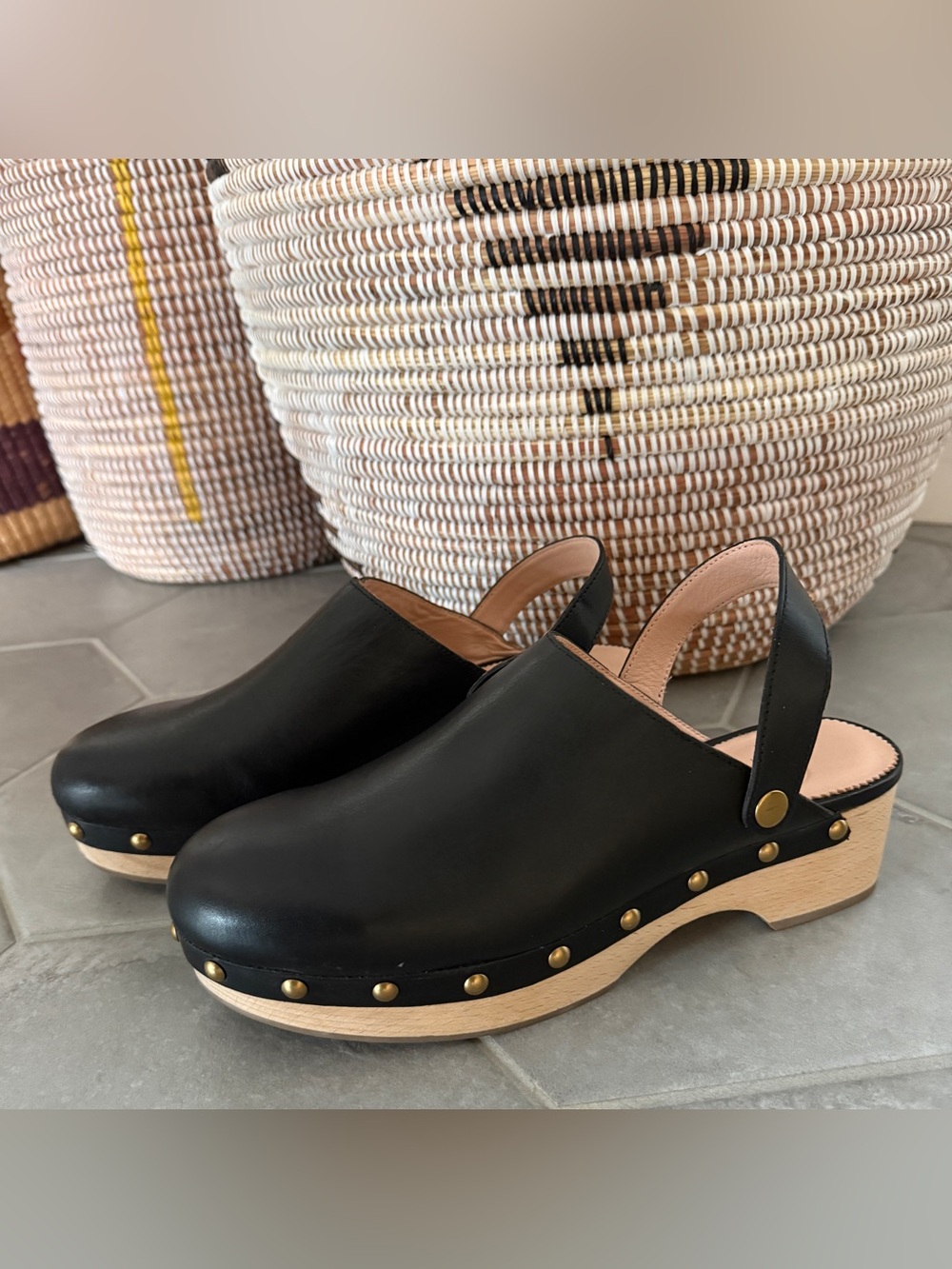Black Leather Studded Clog Sandals